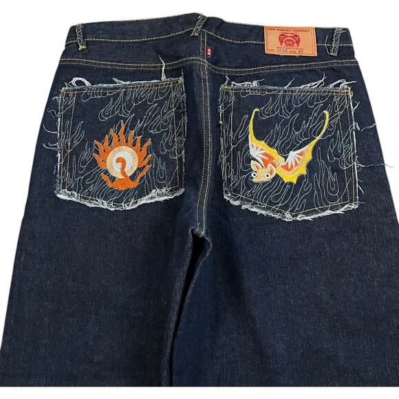 RMC Red Monkey Company Flame & Dragon Embroidered Wide Leg Baggy Y2K Jeans - Picture 2 of 5